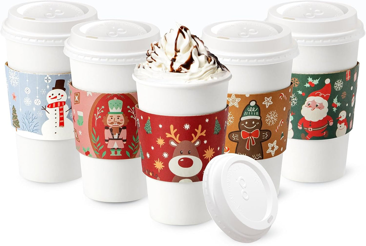 Fit Meal Prep 50 Pack 16 oz Christmas Disposable Coffee Cups with Lids, Sleeves, Leak-Proof To Go Coffee Cups with Lids, Durable Holiday Hot Paper Cups for Home, Office, Party, Business