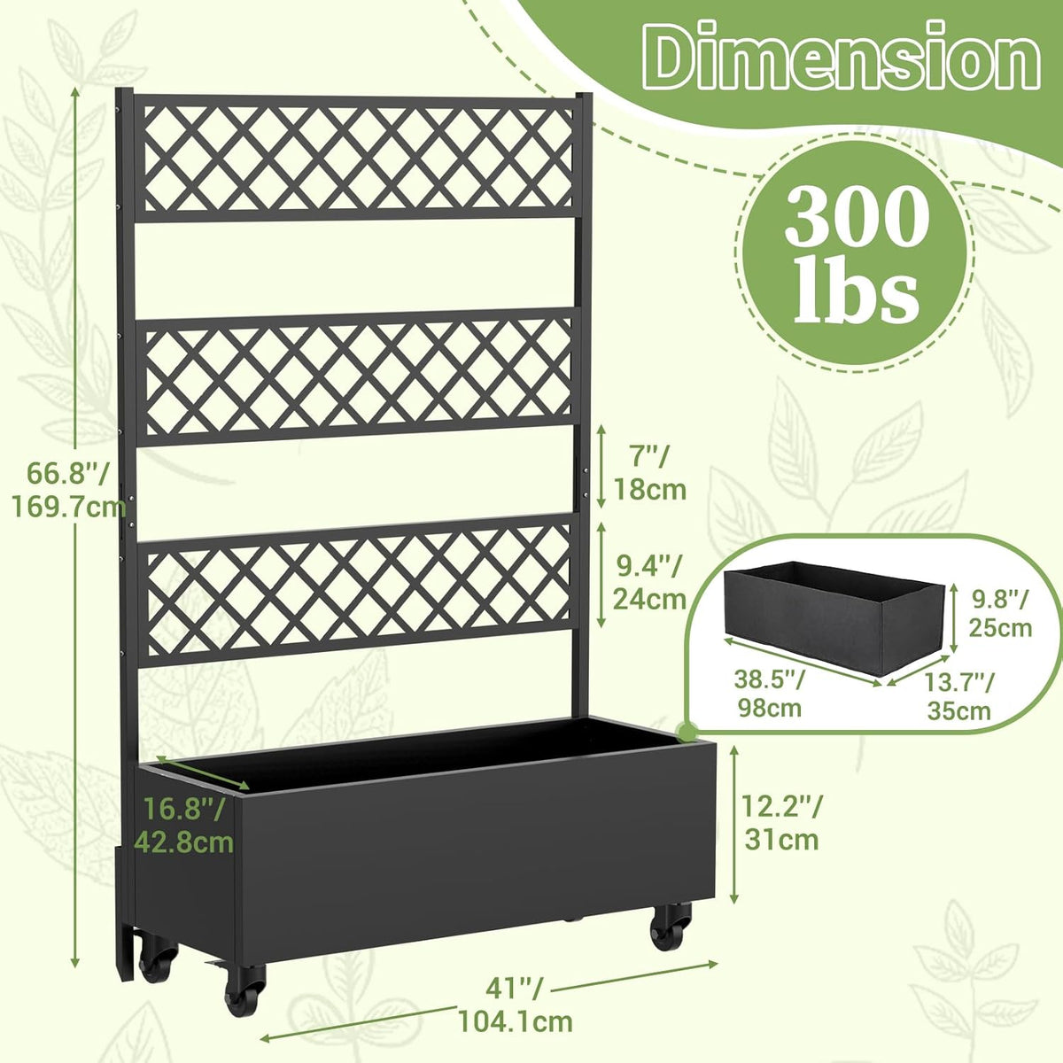 Metal Planter Box with Trellis Privacy Screen, 67"x41"x16" Raised Garden Bed with Trellis, Privacy Planter Boxes, with Planting Bag & Lockable Casters for Climbing Plants,Vegetables,and Vines