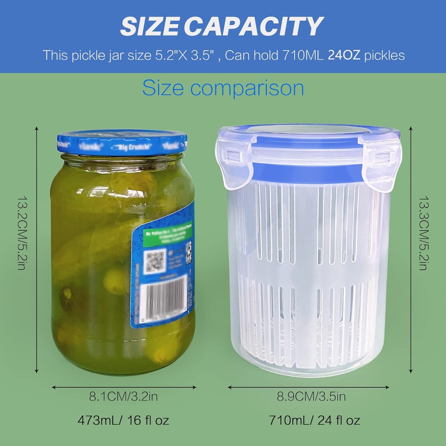 Pickle Jar 24 oz pickle container with strainer Pickle Holder Keeper Lifter, pickle storage container pickle strainer, Flip Jar with Leak Proof and Lock It Lid