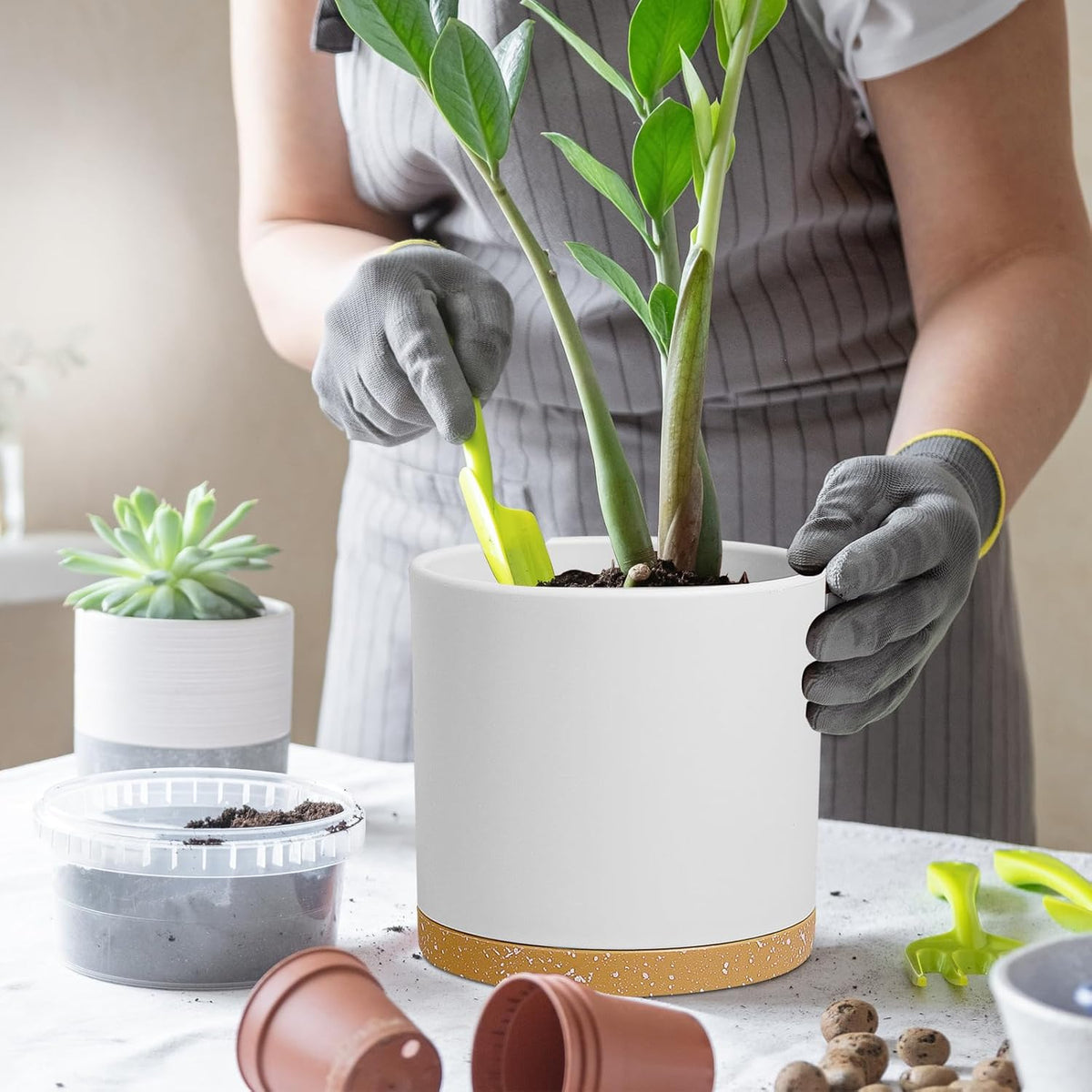 10 Inch Large Flower Pots for Indoor Outdoor Plants, Cylinder Deep Plant Pots with Drainage Holes and Saucer, Big Decorative Plastic Planter Pots for Garden House Plants, White with Brown