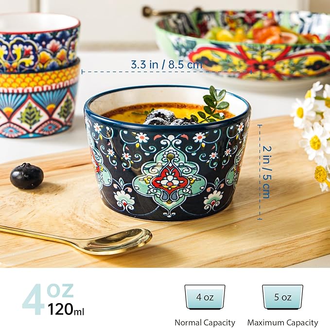 4 oz Ramekins Oven Safe for Creme Brulee – Porcelain Pudding & Custard Cups – Small Serving Bowls for Single-Serve Desserts, Dips & Sauces, Baking Ramekin Set of 6 – Bohemian Style