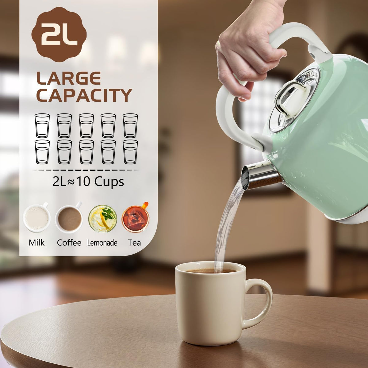 Electric Tea Kettle, 1500W Electric Kettle for Boiling Water, Food Grade Stainless Steel 2L Tea Kettle with Ergonomic Handle, Hot Water Boiler Auto Shut-off, Boil-Dry Protection