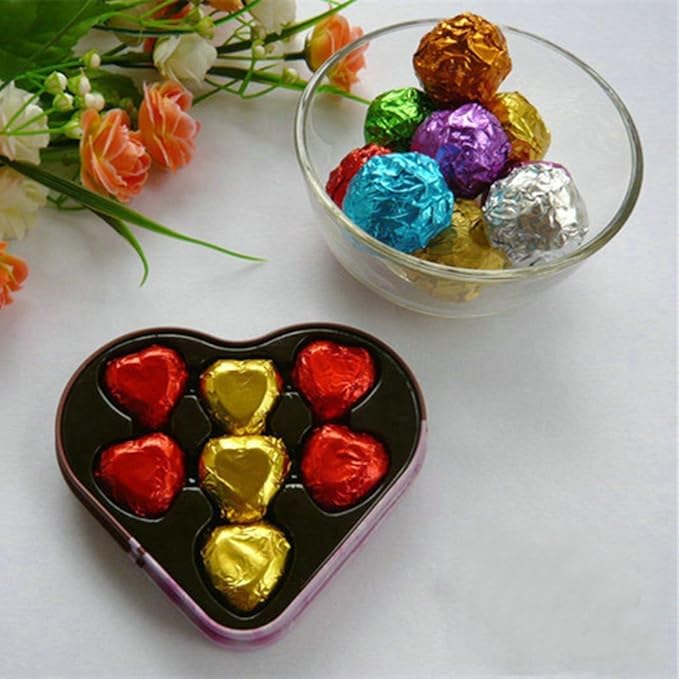 PABCK 500 Pcs 5 Colors Chocolate Candy Wrappers Aluminium Foil Wrapping Papers Square Sweets Lolly Paper Food Tin Foil Wrapper for Candy Packaging Decoration (7.87x7.87 inches)