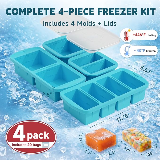 4-Pack Silicone Freezer Trays with Lid & 20 Bags - Multi-Size 1-Cup & 2-Cup Portions, Food-Grade Silicone Freezer Molds for Soup & Meal Prep - Freezer Storage Containers, Oven & Dishwasher Safe - Blue