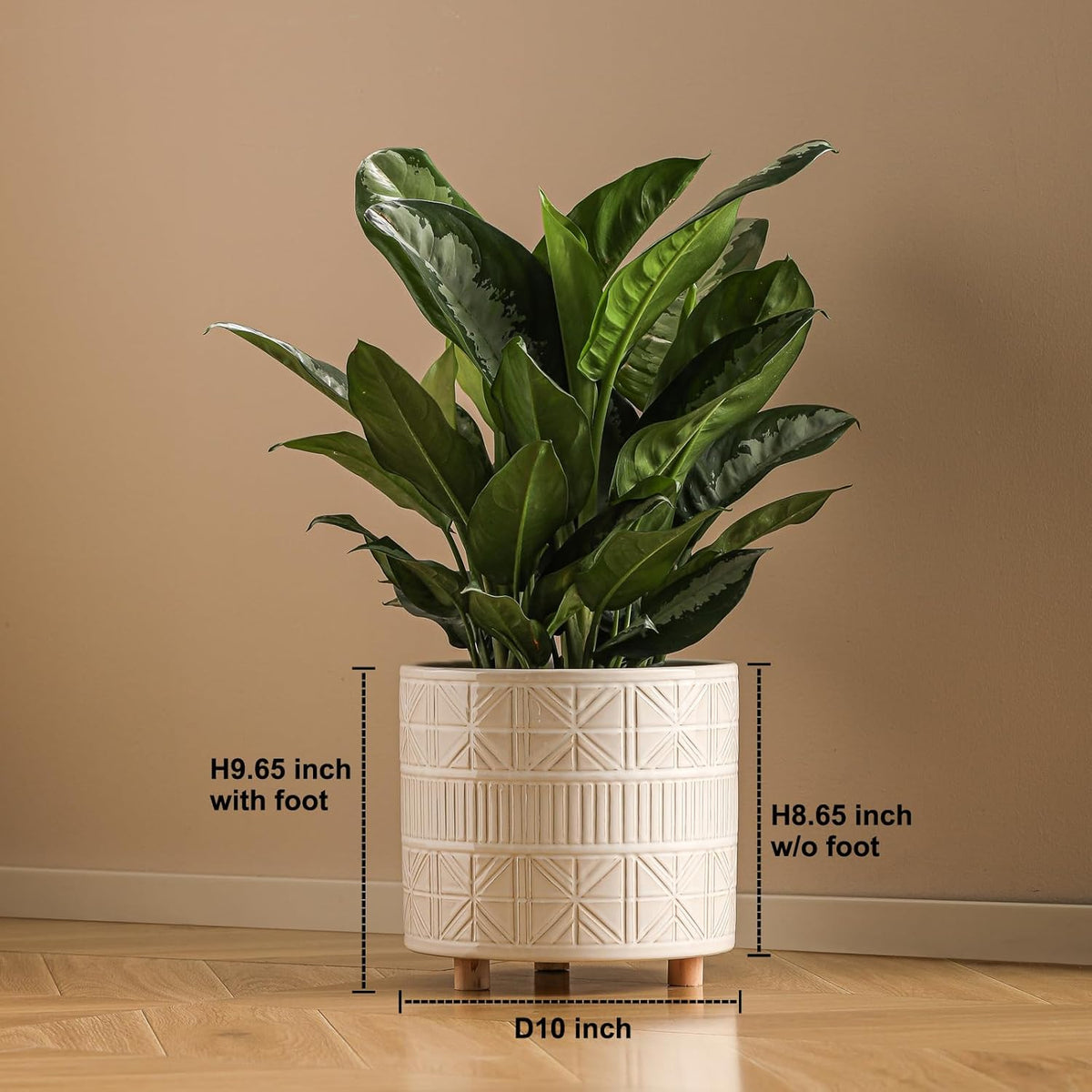 Ceramic Plant Pot with Foots: 10 Inch Planter with Wooden Legs - Large Pots for Indoor Plants - Modern Flower Pot for Home Office Patio Garden Windowsill