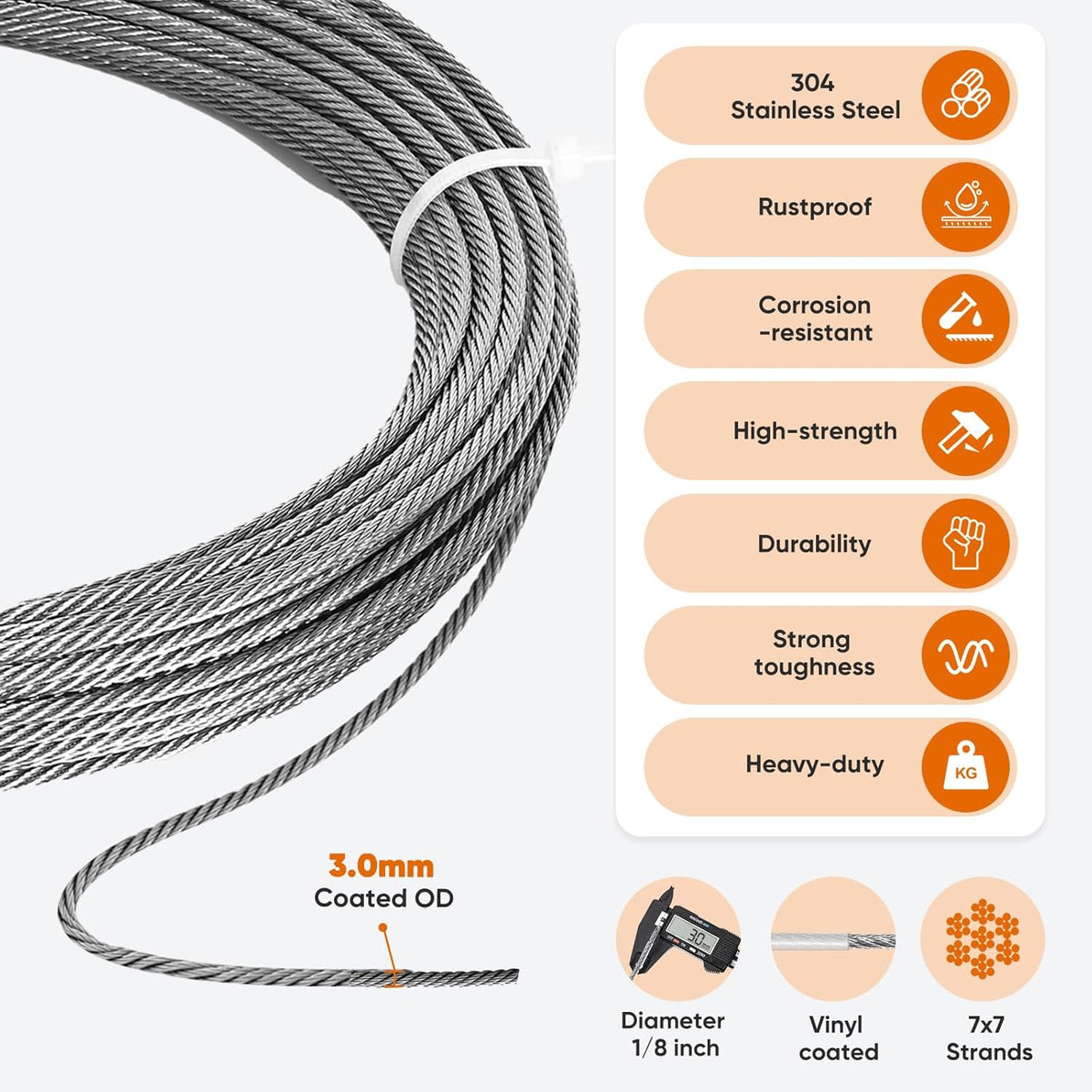 164FT 1/8" Stainless Steel Cable with Wire Rope Crimping Tool and Cable Cutter, 1760 lbs Breaking Strength, 7x7 Strands Aircraft Cable for Deck Railing, Porch Fence, String Light