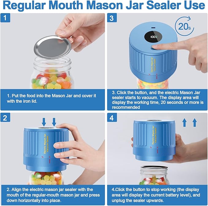 LOVE MOMENT Electric Mason Jar Vacuum Sealer Kit for Wide Mouth and Regular Mouth Mason Jar - Blue