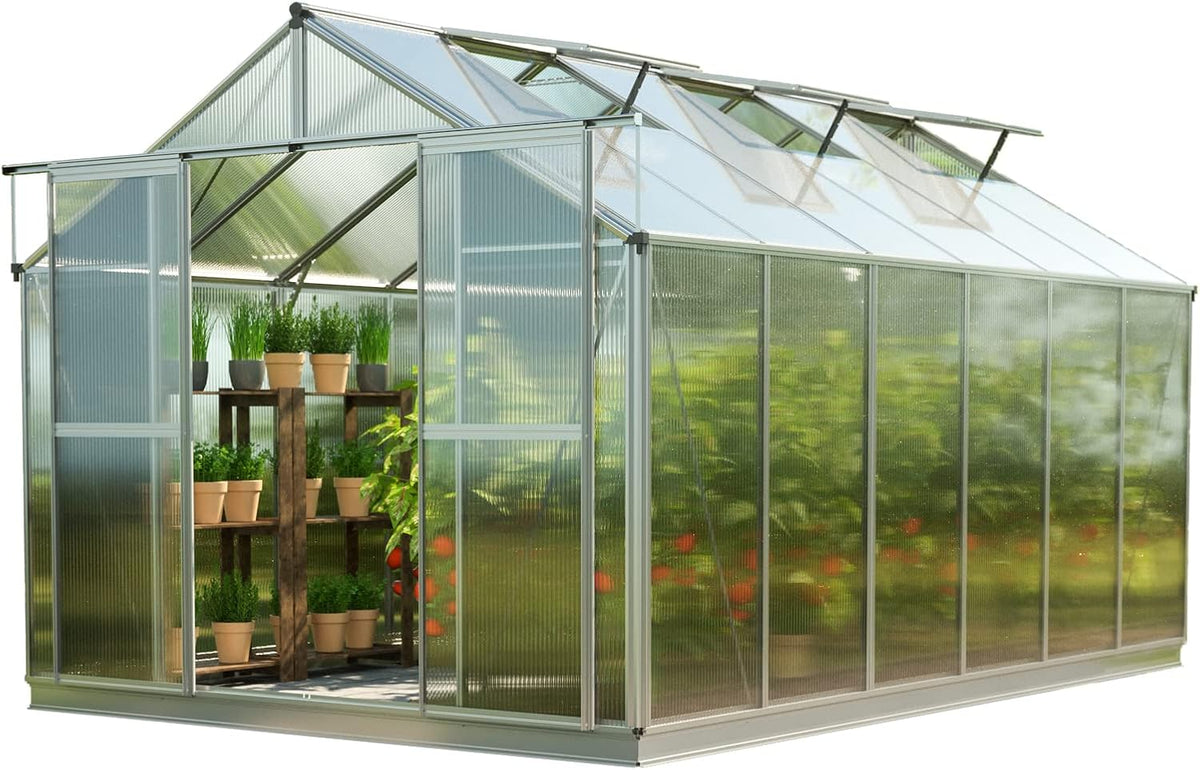Greenhouse Topas 6 Aluminum Frame 7.4 x 12.6 ft Approx. 6 mm Polycarbonate Panels - with Bonus Base Frame and Automatic Vent Opener