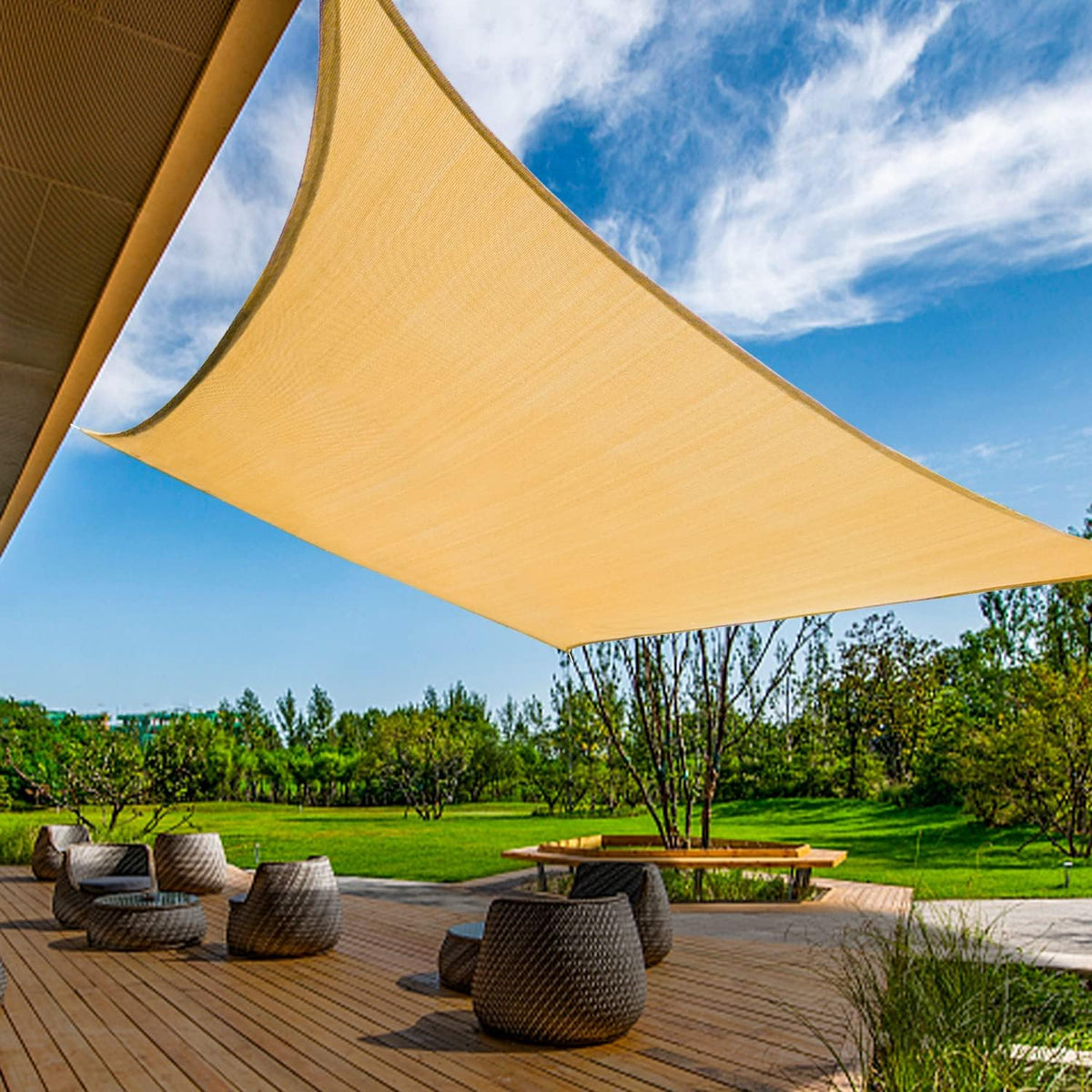 KANAGAWA 14'X15' Sand Custom Size Sun Shade Sail Rectangle UV Block Canopy Cover for Patio Backyard Lawn Garden Outdoor (Customized Available)