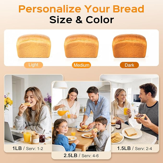 2.5LB Bread Maker with Built-in Electronic Scale, 25-in-1 Bread Machine, Beginner-Friendly with Adjustable Baking & Fermentation, Non-Stick Easy-Clean Pan, Quiet, 15H Delay, Recipes, Black