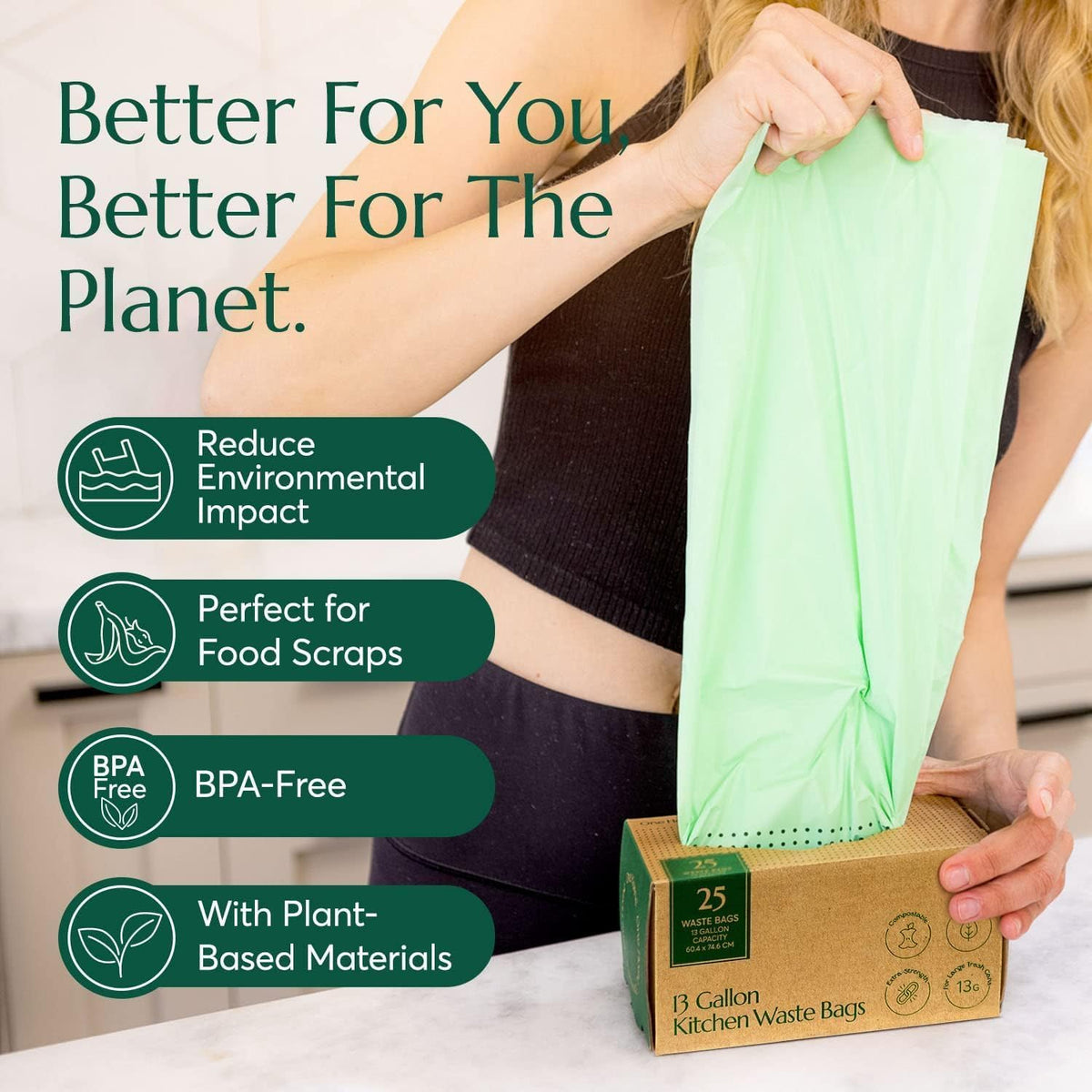 Cleanomic Compostable* 13 Gallon Trash Bags with Drawstring (2 Pack, 50 Count), BPI Certified For Kitchen Compost