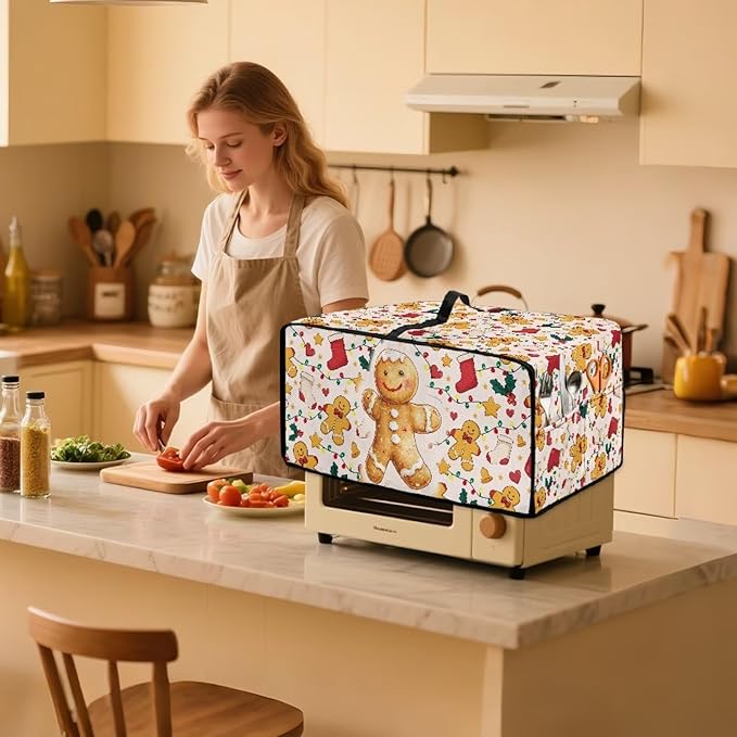 Countertop Convection Oven Cover Dust-Proof Toaster Oven Cover with Accessories Pockets, Countertop Convection Oven Protector, M, Gingerbread Man Christmas String Lights