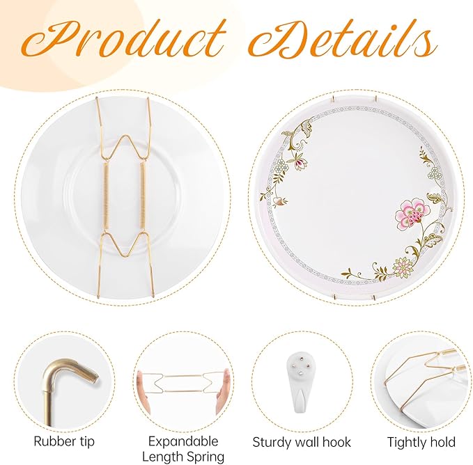 Bilillo 14 pcs Plate Hangers for The Wall, 4/6/8/10/12 Inch Invisible Plates Hangers, Stainless Steel Plate Wall Holders for Display Various Sizes with Hooks for Decorative