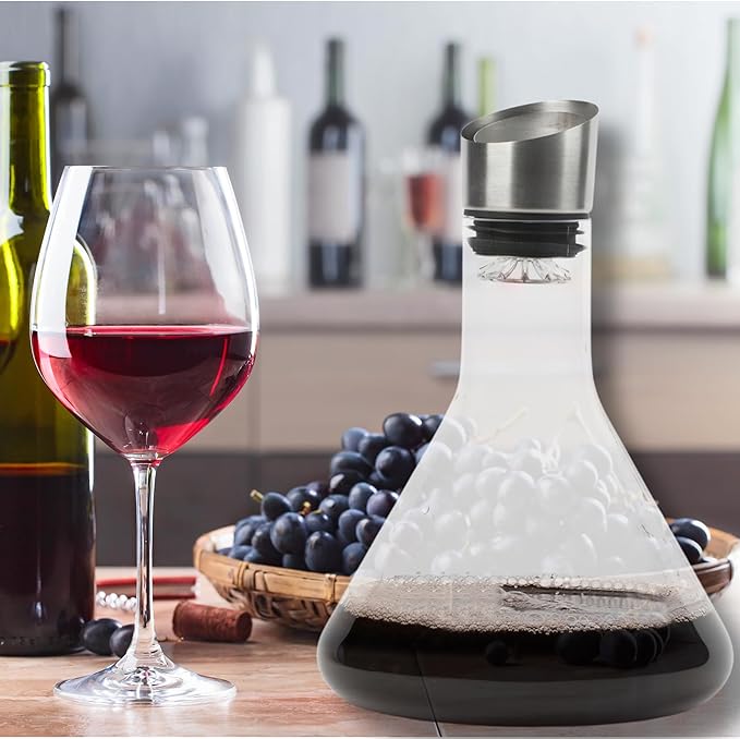 Levare Wine Decanter with Aerator - Lead-Free Crystal Wine Decanter with Built-in Aerator and Sediment Filter - Drip-Proof Stainless Steel Pourer Lid - Ideal Gifts for Enthusiasts and Connoisseurs