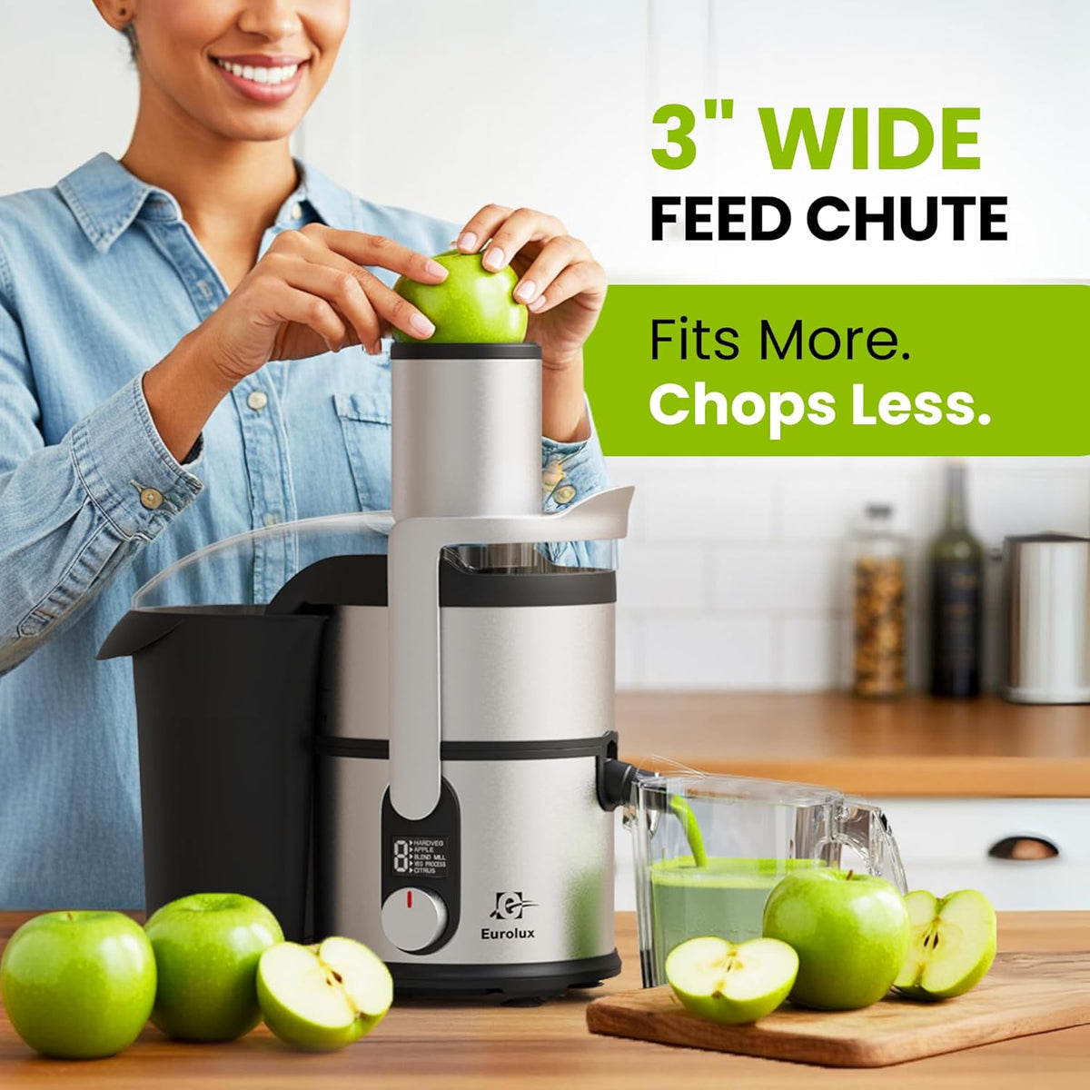 Eurolux 800W Premium Centrifugal Juicer for Whole Fruits and Vegetables – TurboJet Extraction System – 5-Speed Dial with Digital Display – Wide 3” Feed Chute – Easy to Clean – BPA-Free- Stainles Steel
