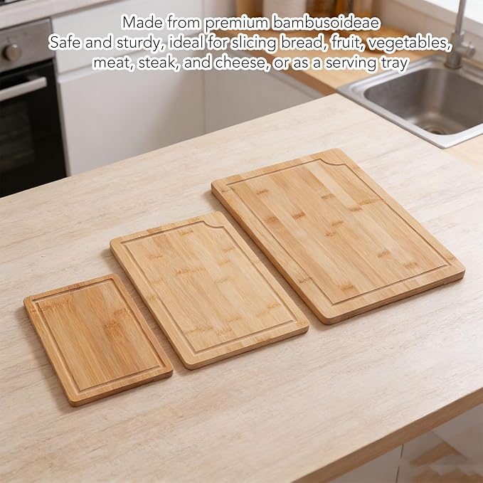 BAFOVY 3pcs Wood Chopping Boards Set, Smooth Cutting Boards with Grooves and Inner Handles, for Kitchen Food Prep and Serving