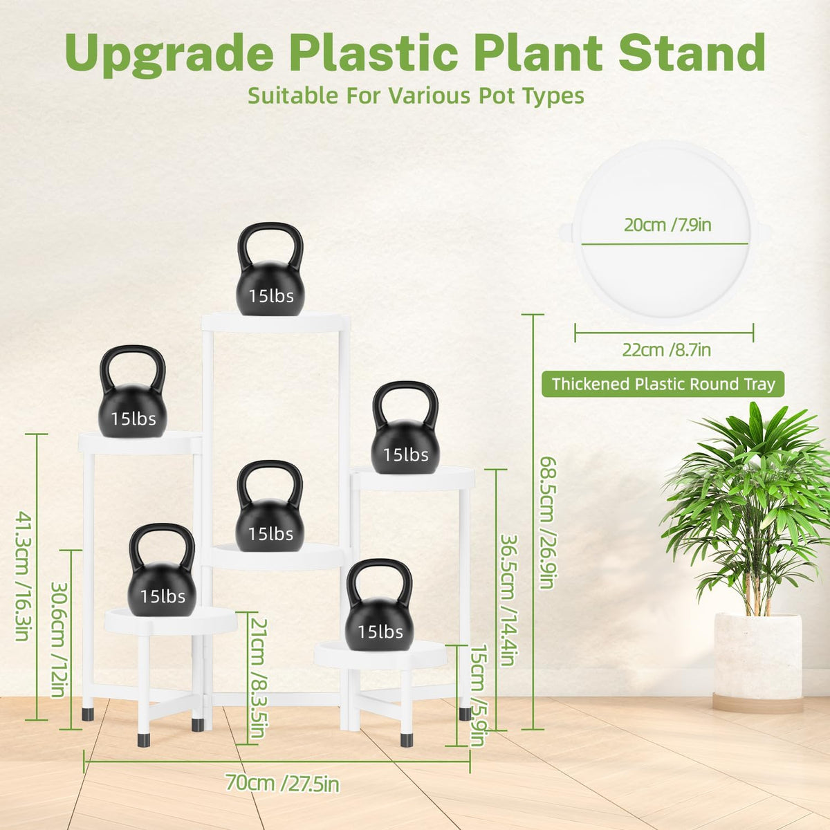 iDavosic.ly 6 Tier Folding Plant Stand Indoor Outdoor with Plastic Tray, Tiered Corner Flower Holder Shelf, Metal Orchid Display Rack for Patio Porch Living Room Garden Balcony, White