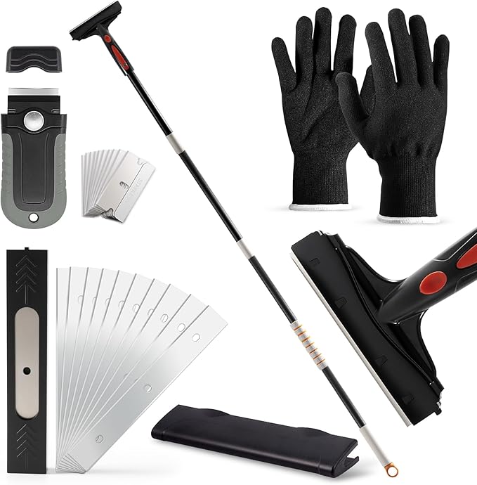 Gomake Extendable Floor Scraper Heavy Duty 6" Wide Razor Blade Scraper Tool with 17‘’-59" （1.4ft- 4.9ft）Long Handle, 10PCS Extra Metal Blades for Cleaning Glass Wall Gum Paint Tile Glue