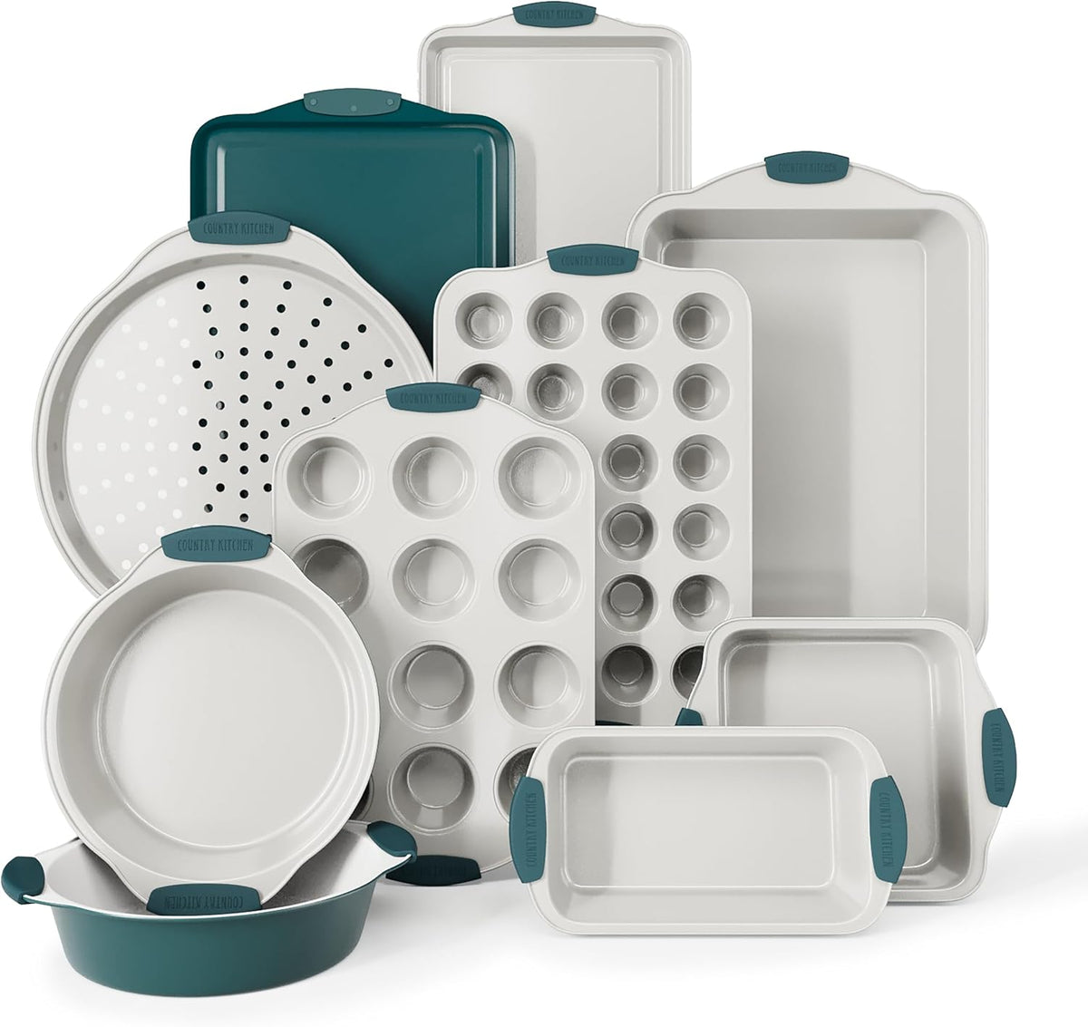 Country Kitchen Nonstick Stackable Bakeware Set - Heavy Duty, Durable, Easy Release Baking Set, Sage, 10 Pcs