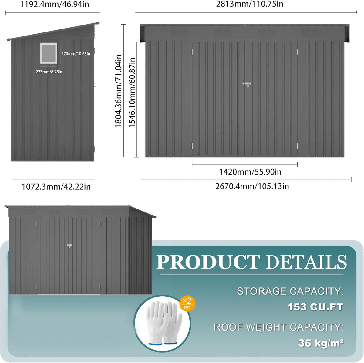 4 * 9.2 * 6 FT Outdoor Storage Shed, Galvanized Steel Garden Shed with Lockable Door & Window, Waterproof Metal Tool Storage for Garden, Backyard, Patio, Lawn(Gray)
