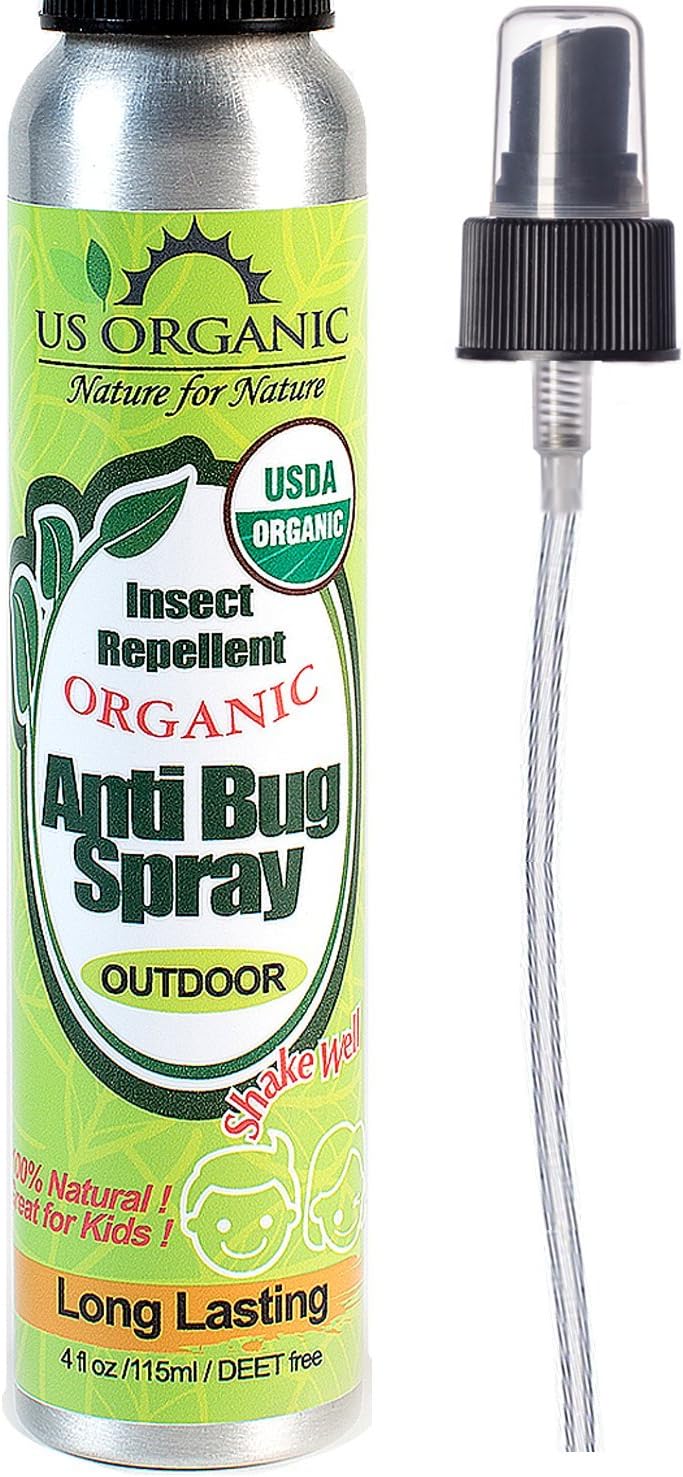 US Organic Mosquito Repellent Anti Bug Outdoor Pump Spray, 4 oz, Certified Organic, DEET-Free, Natural Insect Protection for Camping, Hiking, Travel