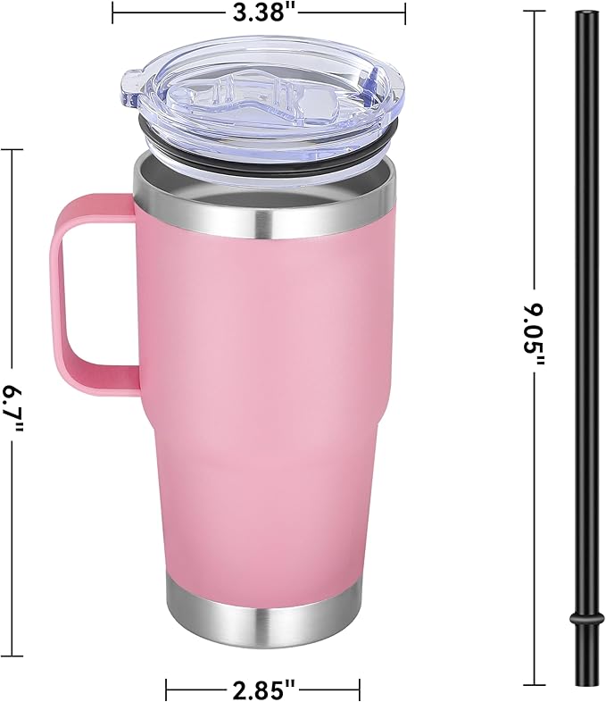 20 oz Stainless Steel Tumbler with Handle Bulk Metal Insulated Tumblers Travel Coffee Mug with Handle Double Wall Tumbler Cup with Lid and Straw, Pink 6 Pack