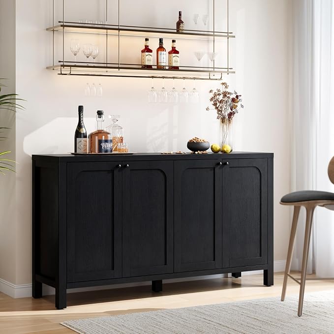 55" Black Sideboard Buffet Cabinet with Storage Modern Credenza with Doors Heavy Duty Wood TV Media Console Table Accent Cabinet for Living Room Hallway Entryway