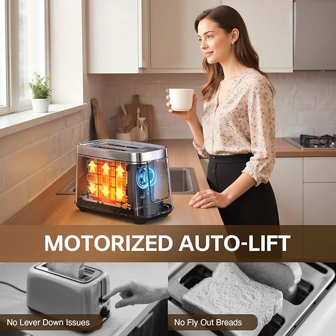 Mecity Motorized Toaster 2 Slice with Touch Screen, Stainless Steel Smart Toaster, 8 Bread Types, 5 Shade Levels, 1200W High Power, Keep Warm Mode, Reheat Defrost Functions, 120V