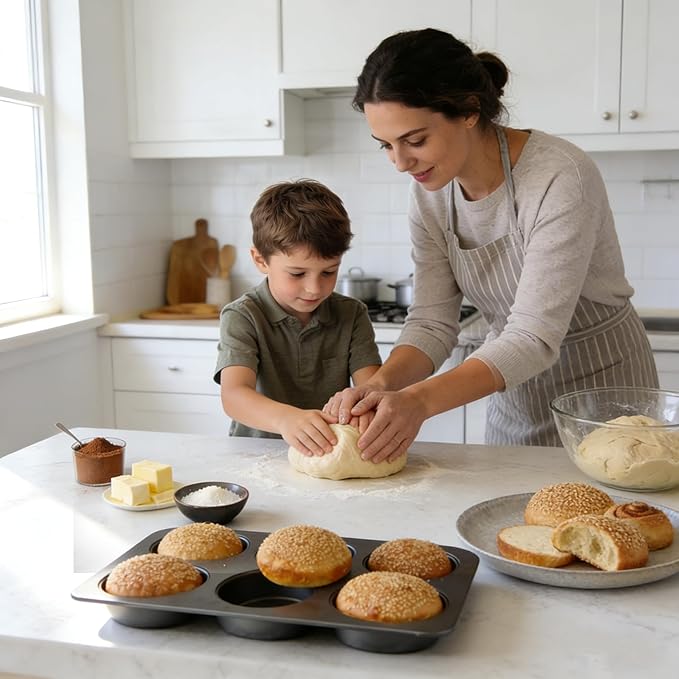 2 Pcs Muffin Pan with Lid, 3.6 Inch Non-Stick 6 Cup Straight English Muffin Top Pan Baking Mold, Hamburger Bun Pan for Baking Egg Sandwich Frittata Cinnamon Roll