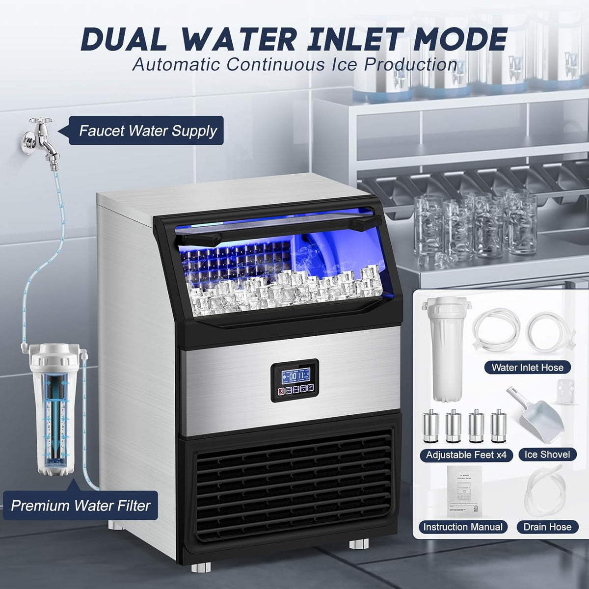 300LBS/24H Commercial Ice Maker Machine with 75LBS Storage Bin, Stainless Steel Undercounter/Freestanding Ice Maker Machine for Home Bar Outdoor, 108PCS Ice Cubes Ice Machine