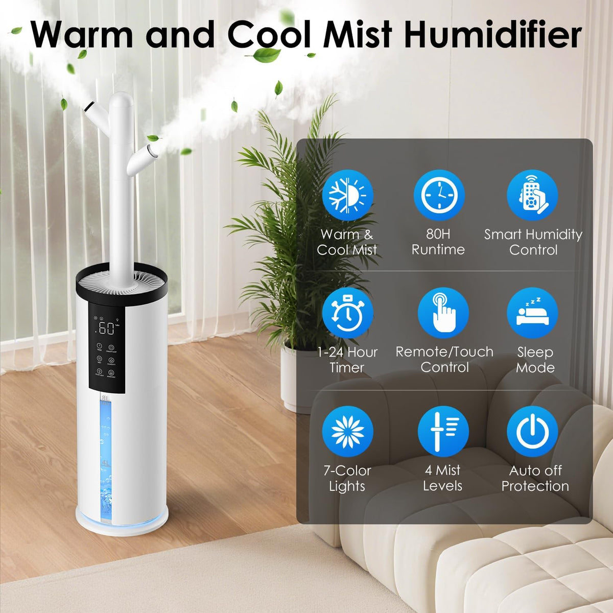 Humidifiers for Bedroom - GloryAir 2.11Gal (8L) Quiet Top Fill Cool & Warm Mist Humidifier Large Room 650 ft² with Humidistat, diffuser, Auto Mode, 7-Color Light for Plants, Baby,Adults, Office & Home