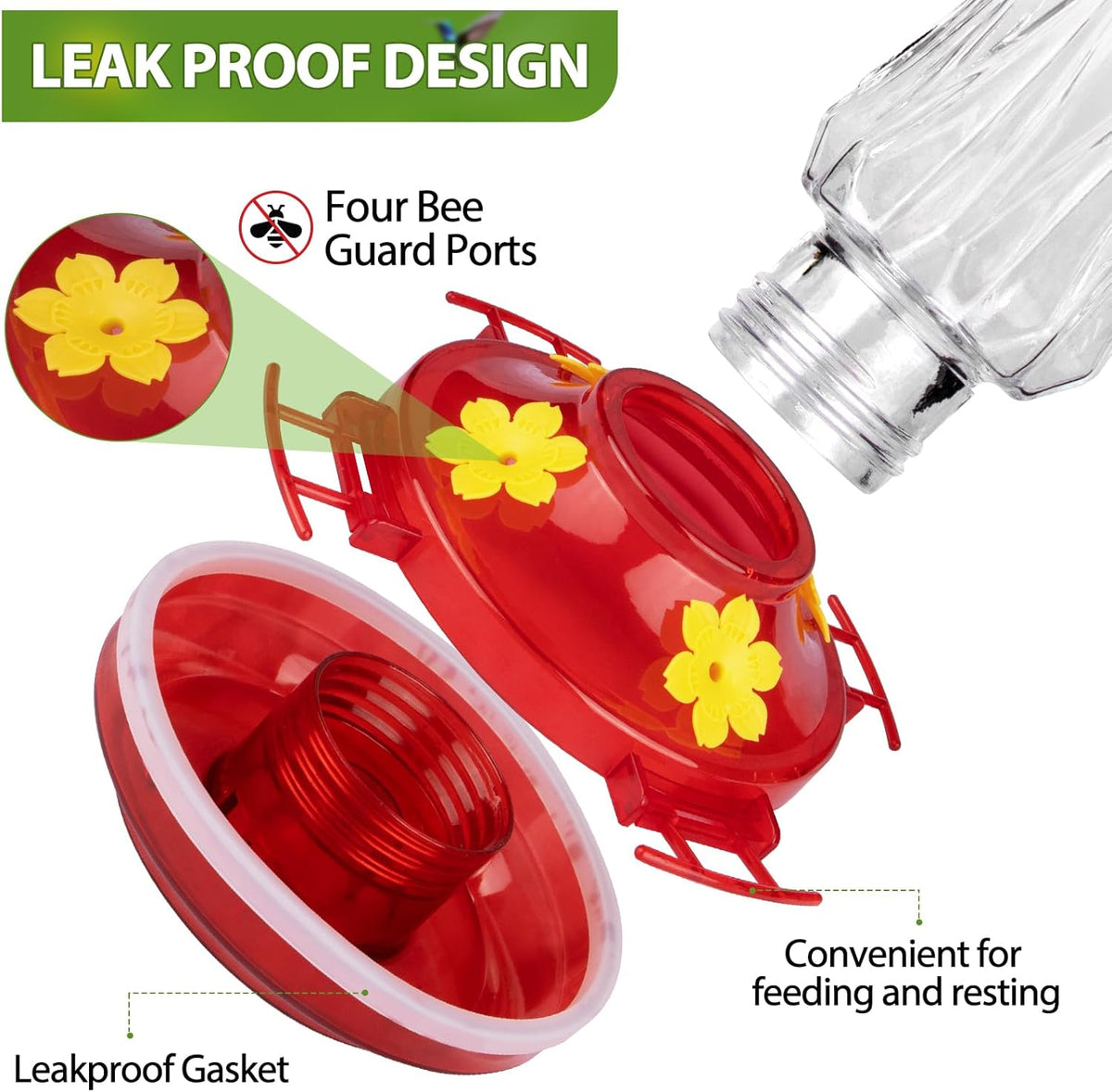 Hummingbird Feeders for Outdoors Hanging, BOLITE Glass Hummingbird Feeder, 4 Bee Guard Feeding Ports, Built-in Ant Moat, Leak Proof, 15 Ounces, Stars Decor, Red, 2 Pack, Gifts for Women Men