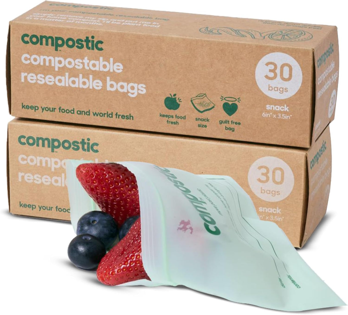 Home Compostable Resealable Snack Bags (6"x 3.5"), Microwave & Freezer Safe, Organic Food Storage Container, 30 Count (Pack of 2)