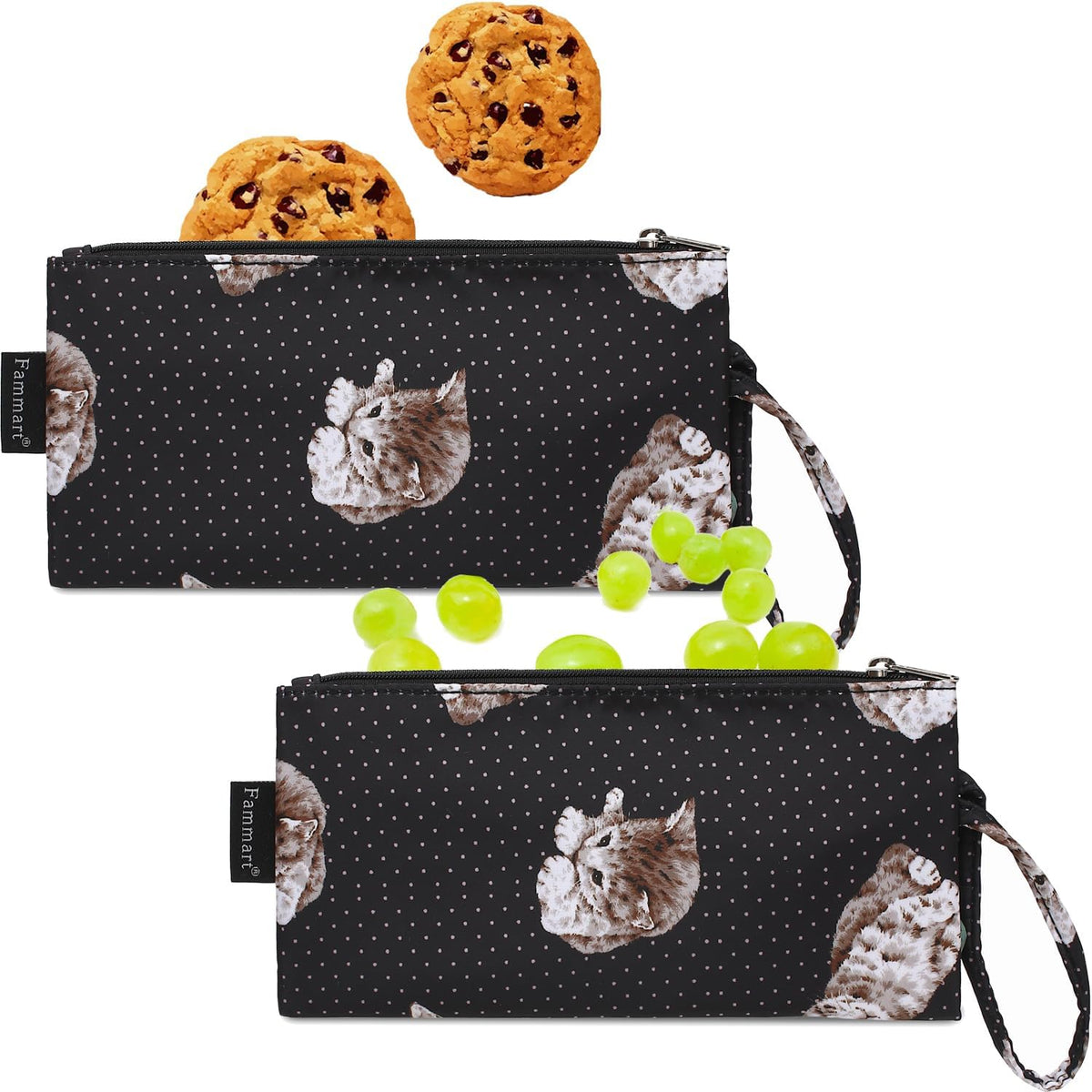 Reusable Sandwich Bag/Snack Bag for Kids & Adults, Dual Layer Lunch Bag with Handle, Washable, Food Safe, BPA Free (2-Pack, Dot&Cat)