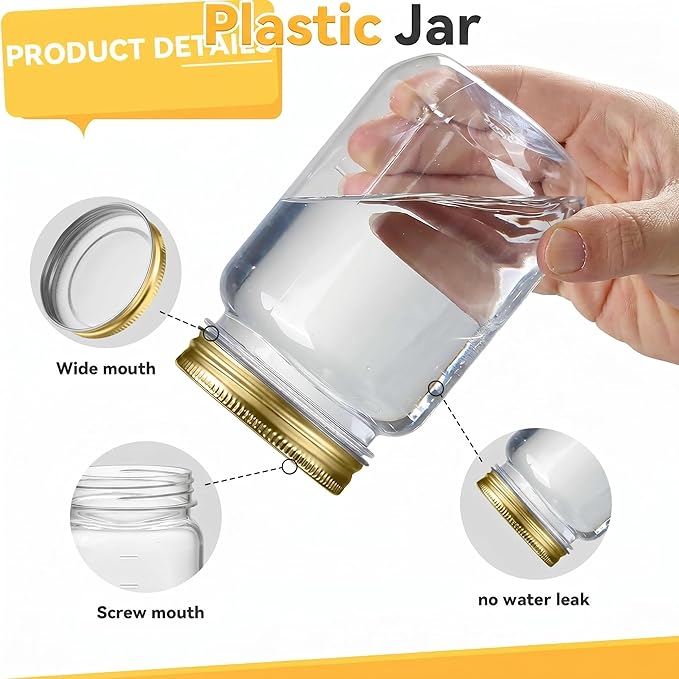 novelinks 16 oz Clear Plastic Jars with Lids, Refillable 16oz Mason Jars with Lids & Storage Containers for Kitchen & Household Use (10 Pack,Gold)