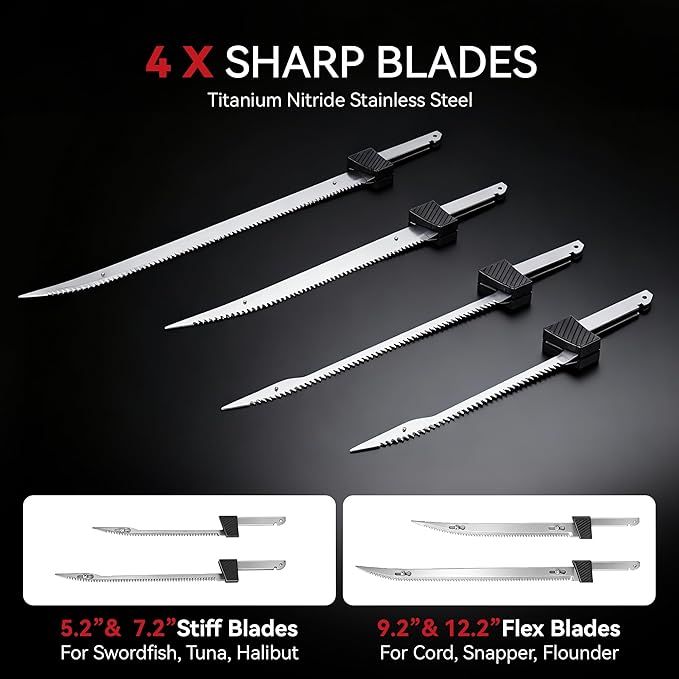 12V Cordless Electric Fillet Knife, 4 Ti-Nitride Coated Non-Stick Blades, Cordless Fillet Knife with 2PCS Rechargeable Battery Packs, 1 Quick Battery Charger, and 1 Storage Carry Case for Fishing, Filleting, Outdoors