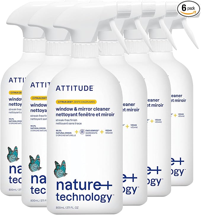 ATTITUDE Window & Mirror Cleaner, EWG Verified, Plant- & Mineral-Based, Vegan & Streak-Free Glass Spray, Citrus Zest Scent, 27.1 Fl Oz (Pack of 6)