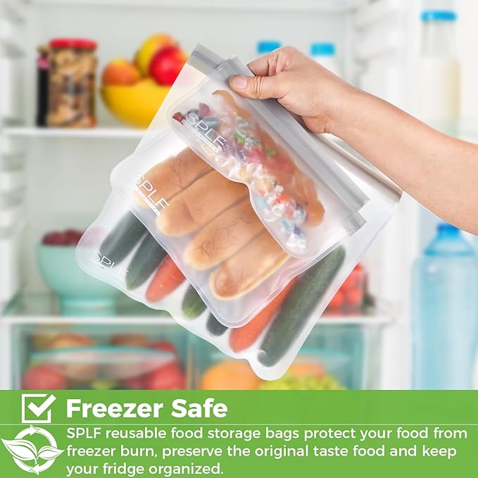 SPLF 12 Pack Dishwasher Safe Reusable Storage Bags(5 Reusable Sandwich 5 Snack 2 Gallon), Extra Thick Freezer Bags Leakproof Silicone and Plastic Free Food Lunch Bag