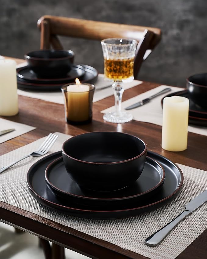 Famiware Mercury Dinnerware Sets with Mugs, Service for 4 (16 Pieces), Plates and Bowls Sets, Microwave and Dishwasher Safe Dishes Set, Matte Black