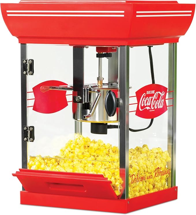 Nostalgia Coca-Cola Popcorn Maker - 48-Inch Vintage Movie Theater Style Cart with 2.5 Oz Kettle, 10 Cup Capacity, Lighted Interior, Storage Compartment, and Wheels - Red