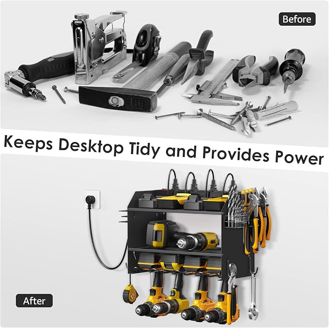 CCCEI Modular Power Tool Organizer Wall Mount with Charging Station. Garage Drill Storage Shelf with Hooks, Heavy Duty Rack, Tool Battery Holder Built in 8 Outlet. Gift for Men. Black, 1 Pack.