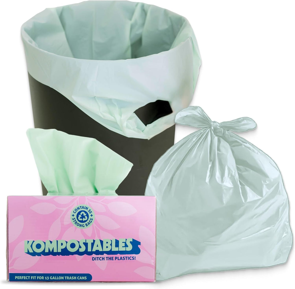 BPI 100% Home Compostable Kitchen Trash Bags, 13 Gallon 1.5 Mil Heavy Duty Unscented Plant Based Bags w/Handles, Tall Biodegradable Garbage, Compost & Food Scrap Waste Can Liners, 35 Ct