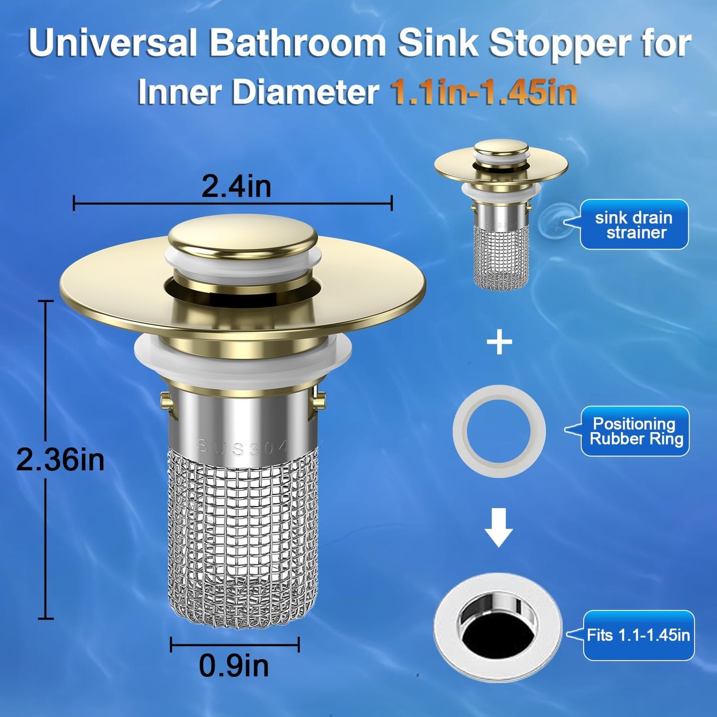 Sink Stopper Hair Catcher, Pop-up Sink Drain Strainer with Removable Stainless Steel Strainer Basket Hair Catcher, Bathroom Sink Strainer for Bathroom Sink Stopper Replacement (Brushed Gold)