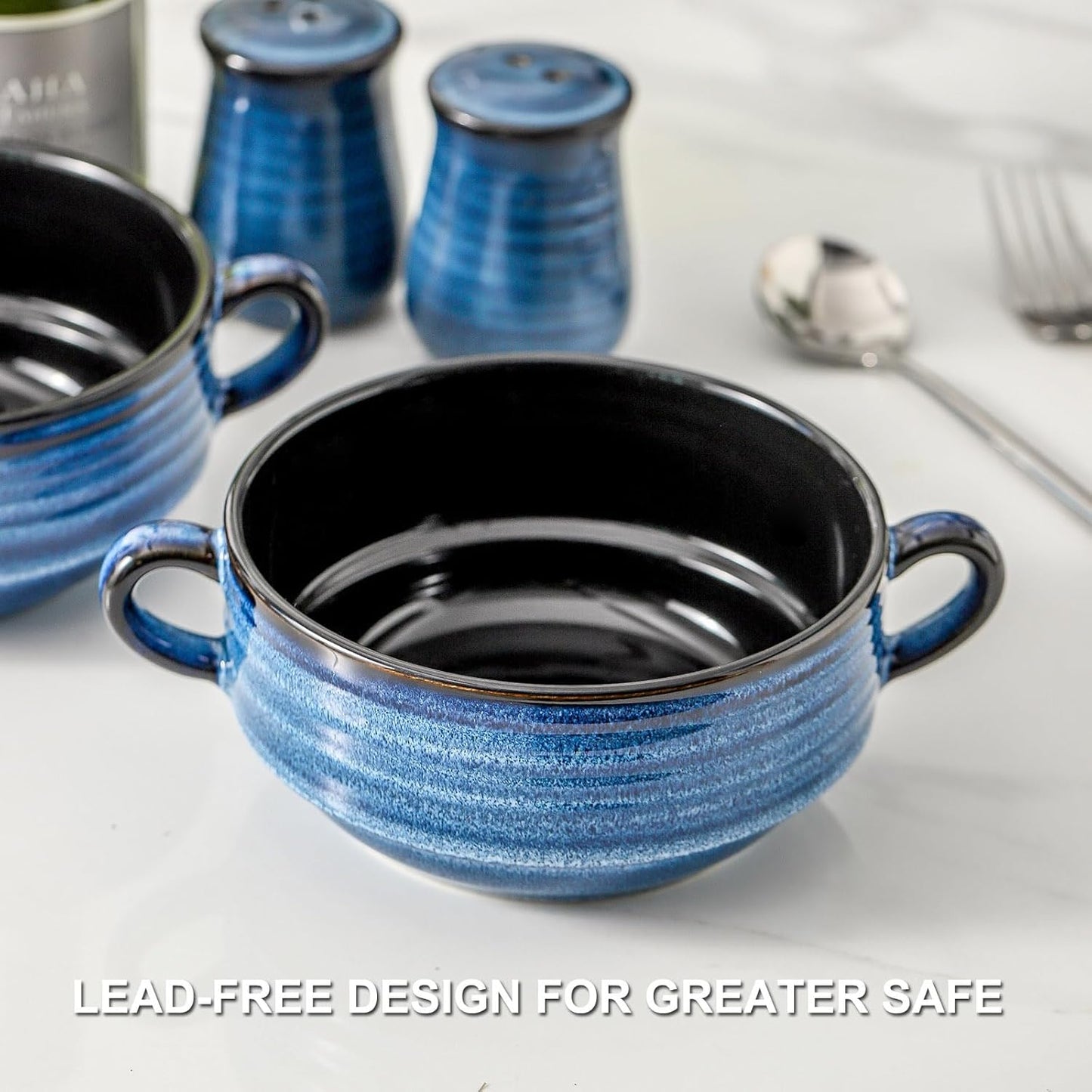 Hasense Soup Bowls, 20 oz French Onion Soup Bowls with Handle Set of 6, Serving Soup Crock for Stew, Pasta, Chili, Stackable Oven Safe Bowls, Microwave Dishwasher Safe, Blue