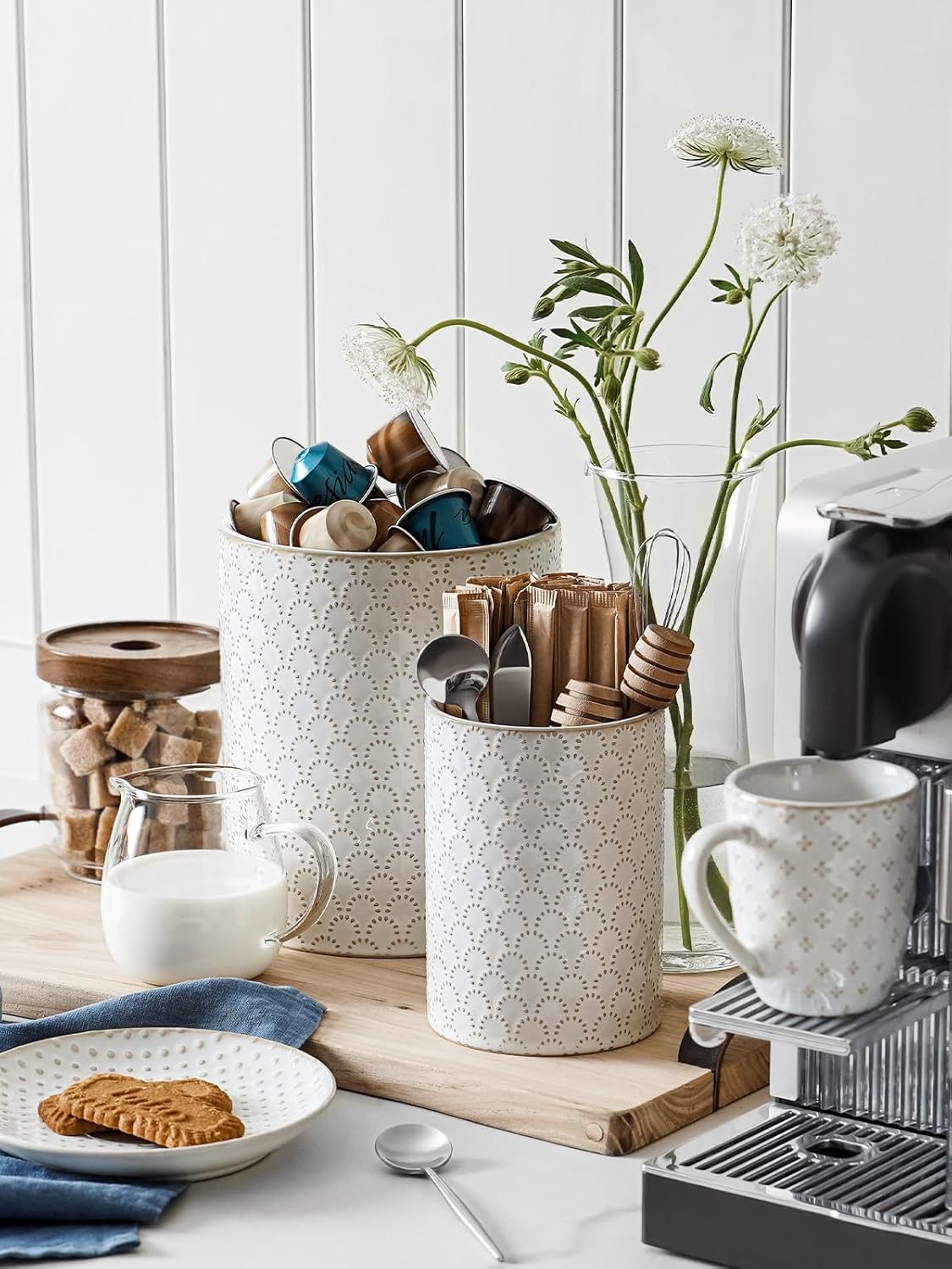 LE TAUCI Utensil Holder, 7.1" Ceramic Kitchen Utensil Holder for Counter top, Embossed Cooking Utensil Organizer for Spatula & Spoon, Kitchen Decor, Set of 1, Arctic White,Fireworks