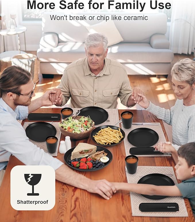 Quatish 16 Piece Plates and Bowls Sets for 4, Unbreakable Dinnerware Sets, Dish Set for Camping, Dishwasher Microwave Safe, Outdoor Kitchen and Apartment Dinning RV Essentials, Black