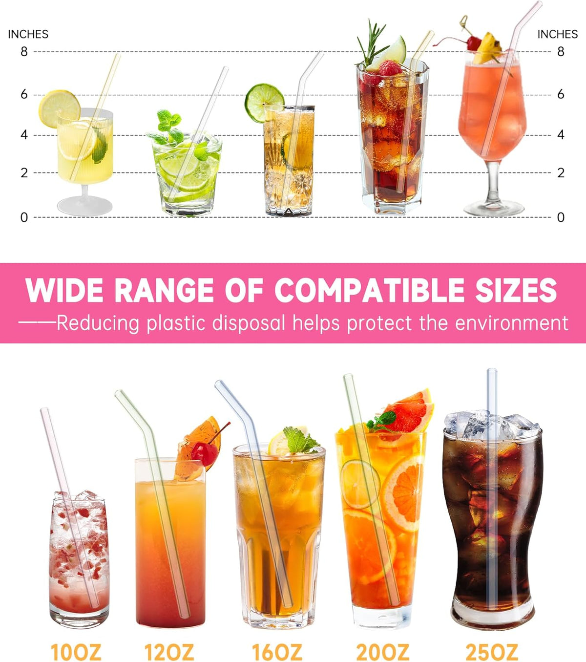 10 Pcs Reusable Glass Drinking Straws, 8” Colorful Glass Straws Shatter Resistant with 2 Cleaning Brush, Set of 5 Straight and 5 Bent Reusable Straw for Beverages, Milk, Juices, Dishwasher Safe