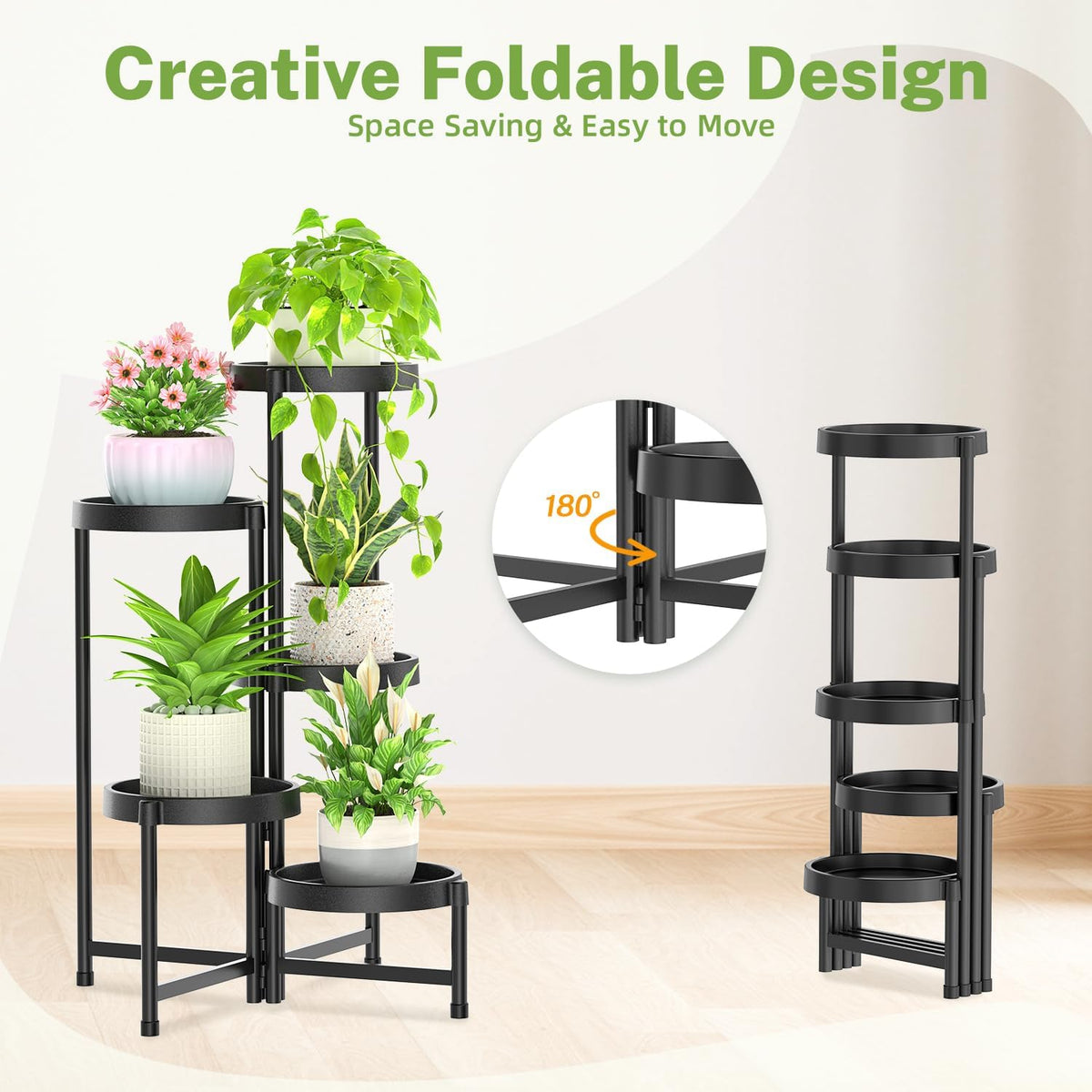 iDavosic.ly 5 Tier Folding Plant Stand Indoor Outdoor with Plastic Tray, Tiered Corner Flower Holder Shelf, Metal Orchid Display Rack for Patio Porch Living Room Garden Balcony, Modern Black