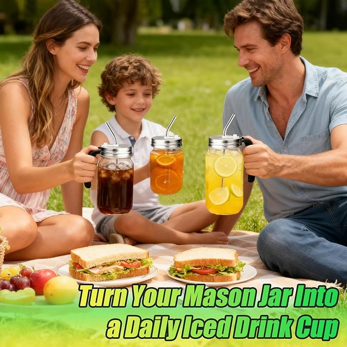 Palksky Mason Jar Lids with Straw Hole & Handle for Regular Mouth Jars, Leak-Resistant Drinking Lids with Extra Silicone Rings, Mason Jar Straw Lids for Iced Coffee, Lemonade, Juice (2 Pack)