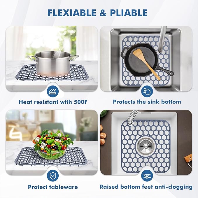 Bestjing Silicone Sink Protectors for Kitchen Sink with Center Drain - 12" x 11" Kitchen Grid Accessory, Non-Slip Heat-Resistant Mat for Bottom of Porcelain Stainless Steel, Dishwasher Safe